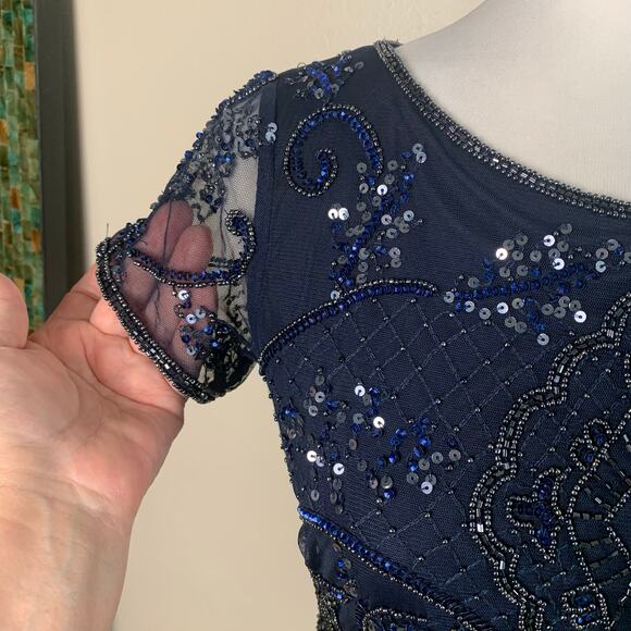 Vintage Pisarro Sz 2 Beaded Mesh Column Gown Navy Blue Cocktail Wedding Holiday - Picture 5 of 11